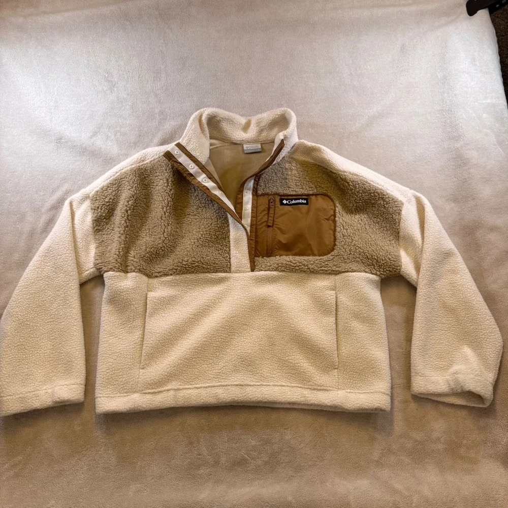 Columbia Neutral Sherpa Fleece Pullover Tan Cream Cozy Outdoor Crop Jacket Sz XL - Picture 2 of 12